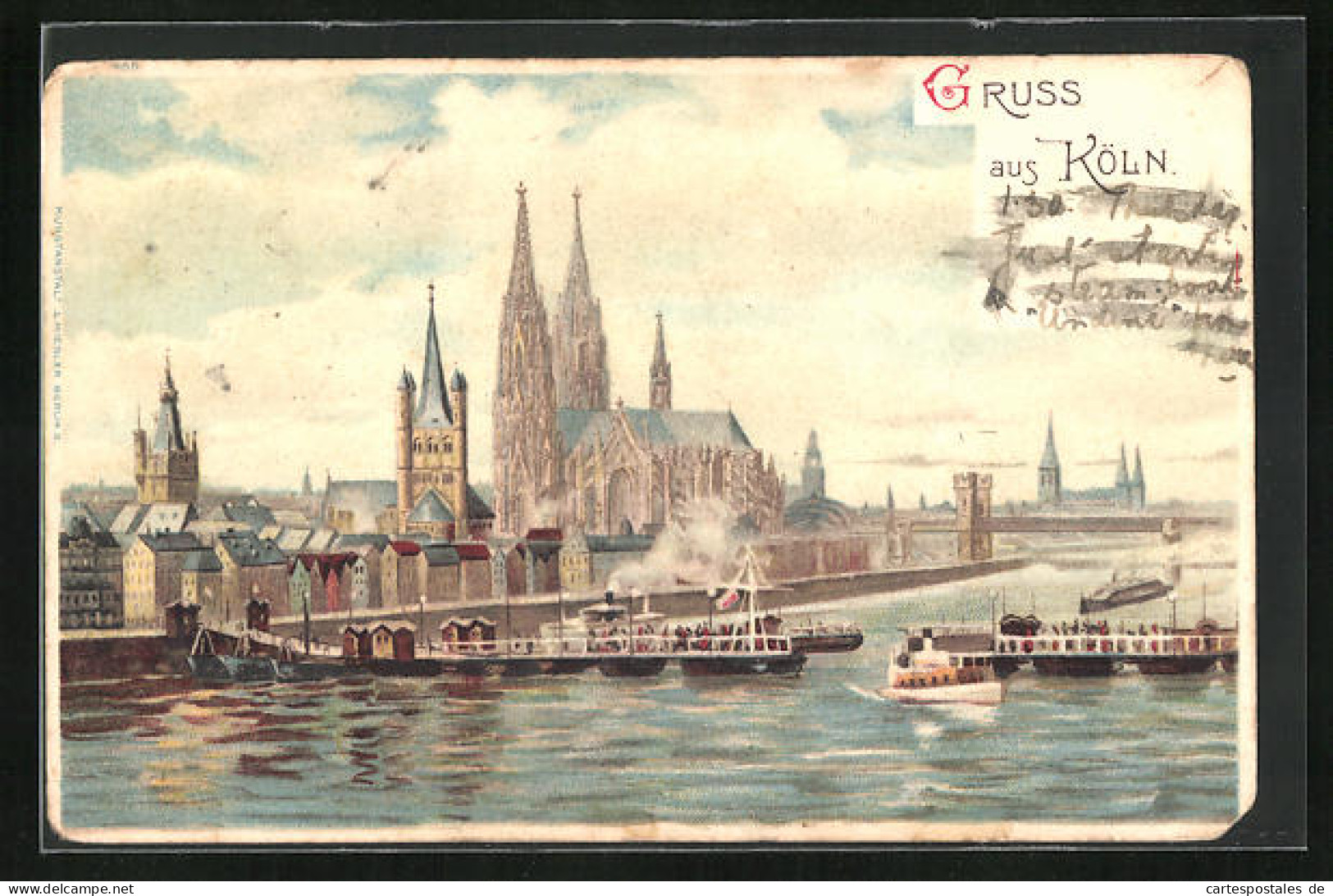 Lithographie Köln, Rheinpartie Mit Kölner Dom Und Dampfer An Der Anlegestelle  - Koeln
