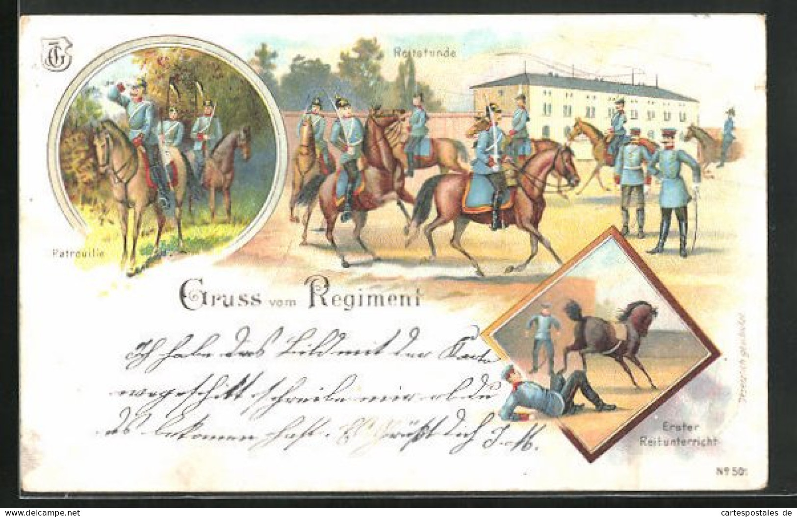 Lithographie Soldaten In Ihrem Regiment Bei Der Reitstunde, Auf Patrouille Und Im Reitunterricht  - Regiments