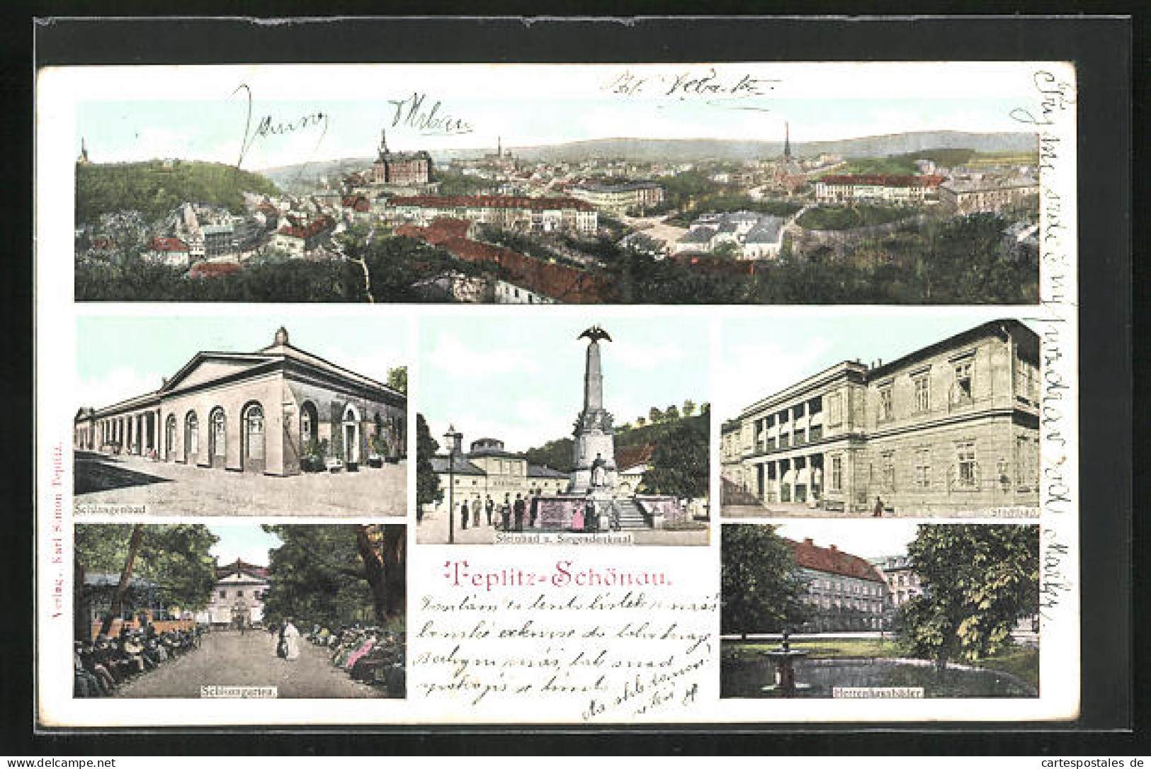 AK Teplitz Schönau / Teplice, Ortsansicht, Steinbad Und Siegesdenkmal, Schlangenbad, Schlossgarten, Stadtbad  - Tsjechië
