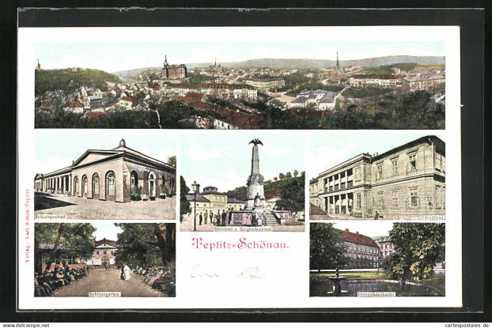 AK Teplitz Schönau / Teplice, Ortsansicht, Schlangenbad, Schlossgarten, Steinbad Und Siegesdenkmal  - Czech Republic