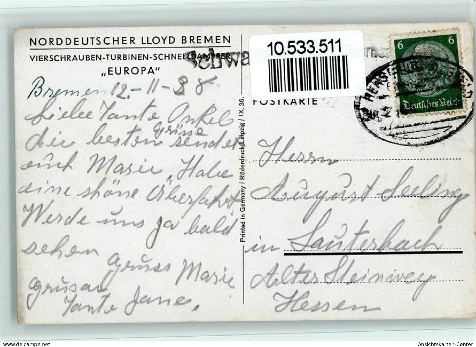 10533511 - Dampfer Europa Lloyd Bremen AK Stempelfleck - Steamers