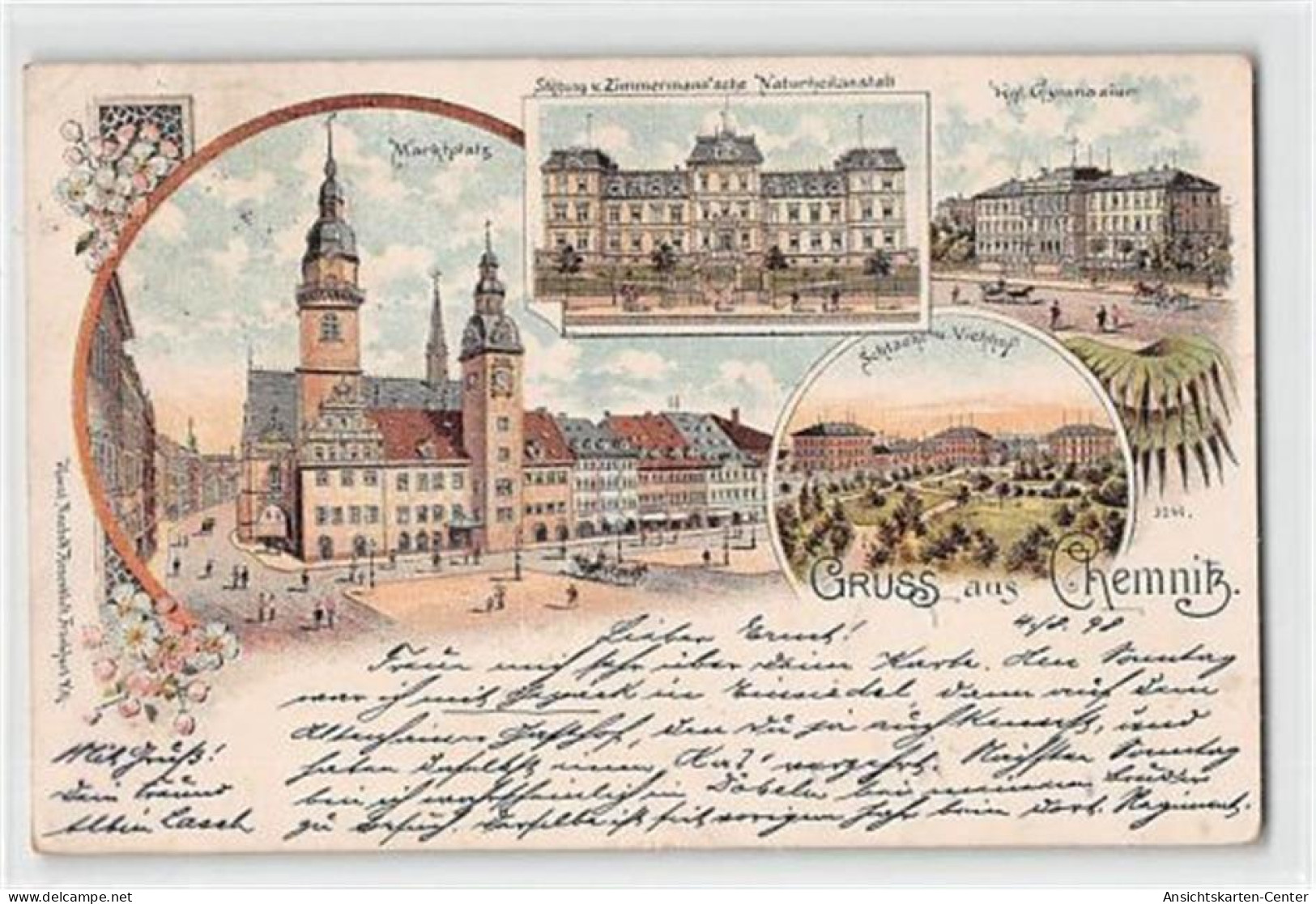 39116111 - Lithographie Chemnitz Mit Marktplatz, Schlacht Und Viehhof, Gymnasium Und Stiftung Von Zimmermann'sche Natur - Chemnitz