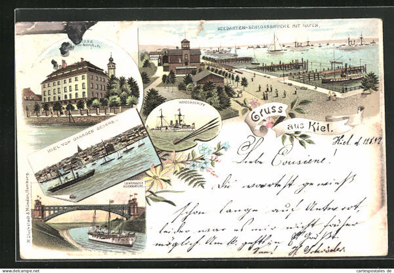 Lithographie Kiel, Seegarten-Schlossbrücke Mit Hafen, Schloss, Lewensauer Hochbrücke  - Kiel