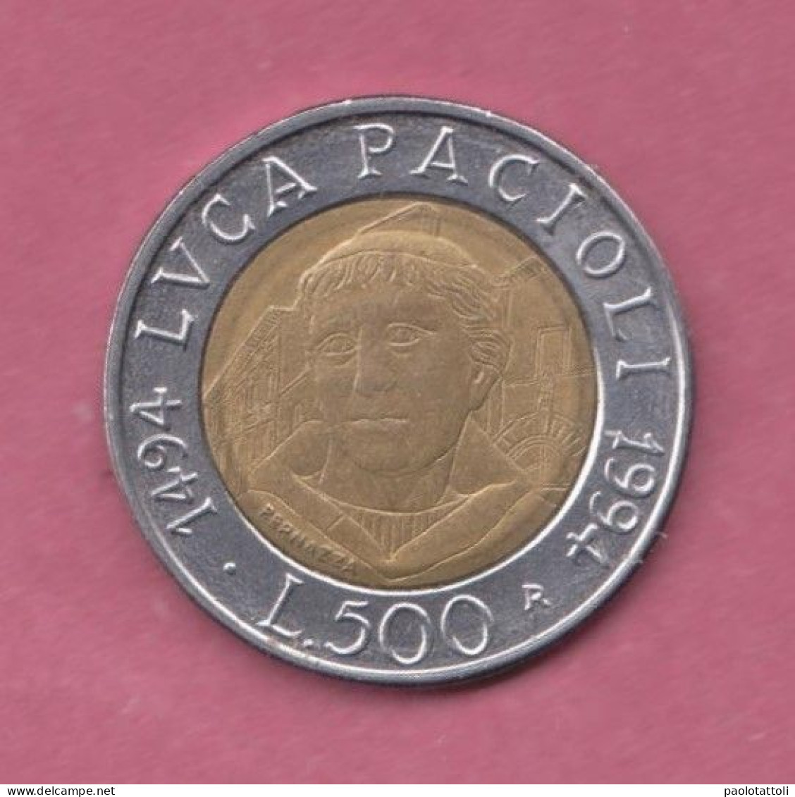 Italia, 1994- 500 Lire  Luca Pacioli- Circulating Commemorative Coin- Bimetallic Bronzital Center In Acmonital Ring - 500 Lire