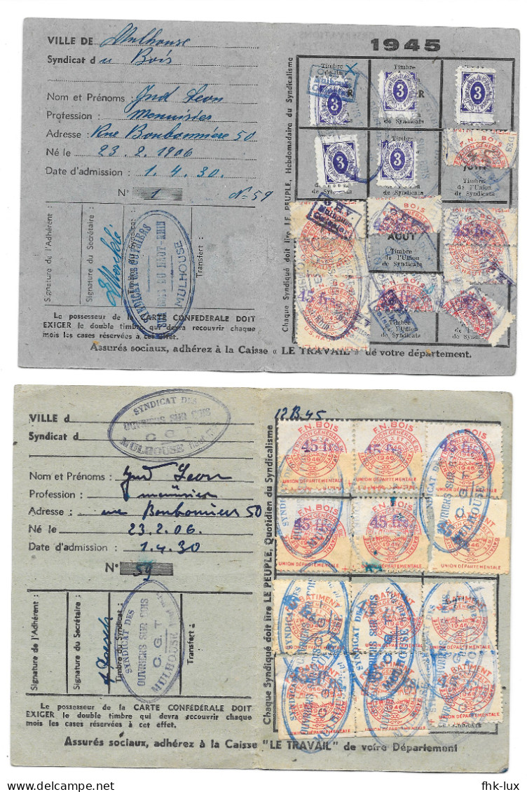 CARTE CONFEDERALE  SYNDICAT  CGT  ANNEES 1945 - 1946 - 1947 - FEDERATION NATIONALE INDUSTRIE DU BOIS - FRANCE - Cartes De Membre