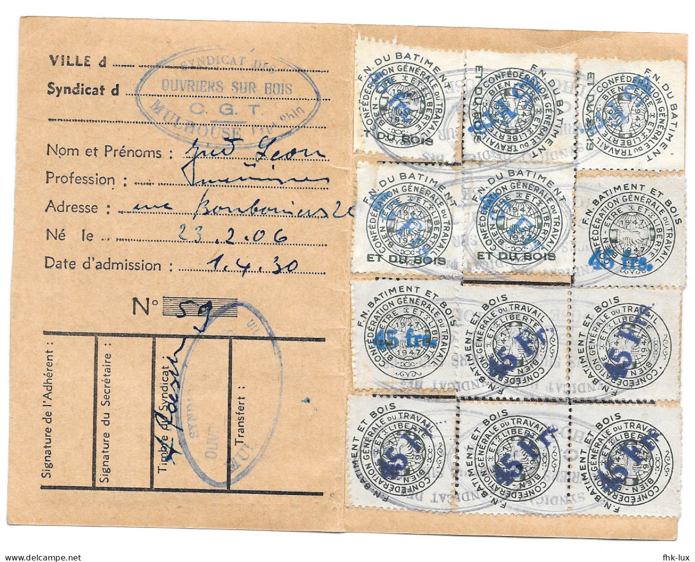 CARTE CONFEDERALE  SYNDICAT  CGT  ANNEES 1945 - 1946 - 1947 - FEDERATION NATIONALE INDUSTRIE DU BOIS - FRANCE - Membership Cards