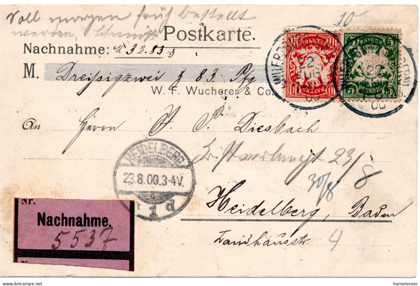 64372 - Altdeutschland / Bayern - 1900 - 10Pfg Wappen MiF A Kte WUERZBURG -> HEIDELBERG - Cartas & Documentos
