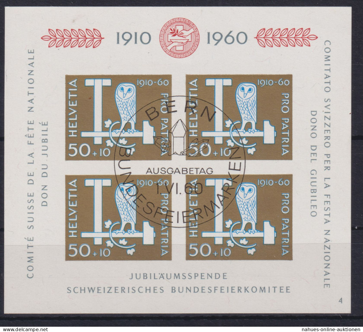 Schweiz Block 17 50 Jahre Bundesfeierspende Pro Partia EESST Bern I.6.1960 - Covers & Documents