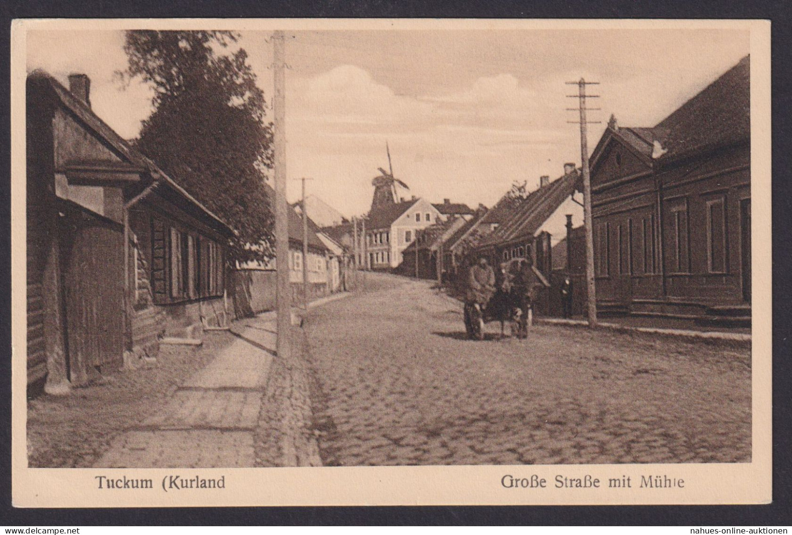 Ansichtskarte Lettland Tuckum Kurland Große Straße Mit Mühle Feldpost Stettin - Letland