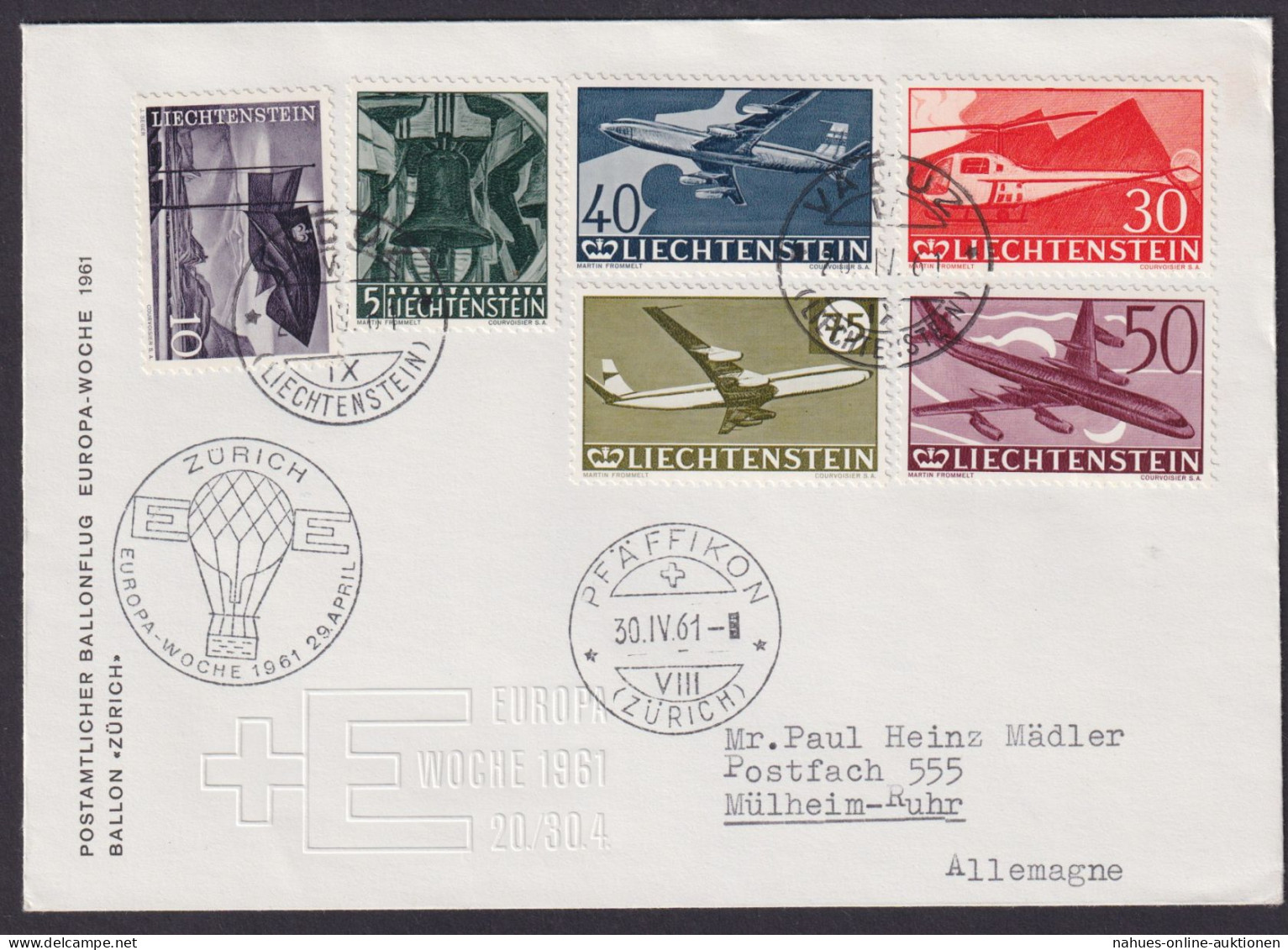 Briefmarken Liechtenstein Flugpost Ballon Vaduz + SST Zürich Nach Mülheim Ruhr - Covers & Documents