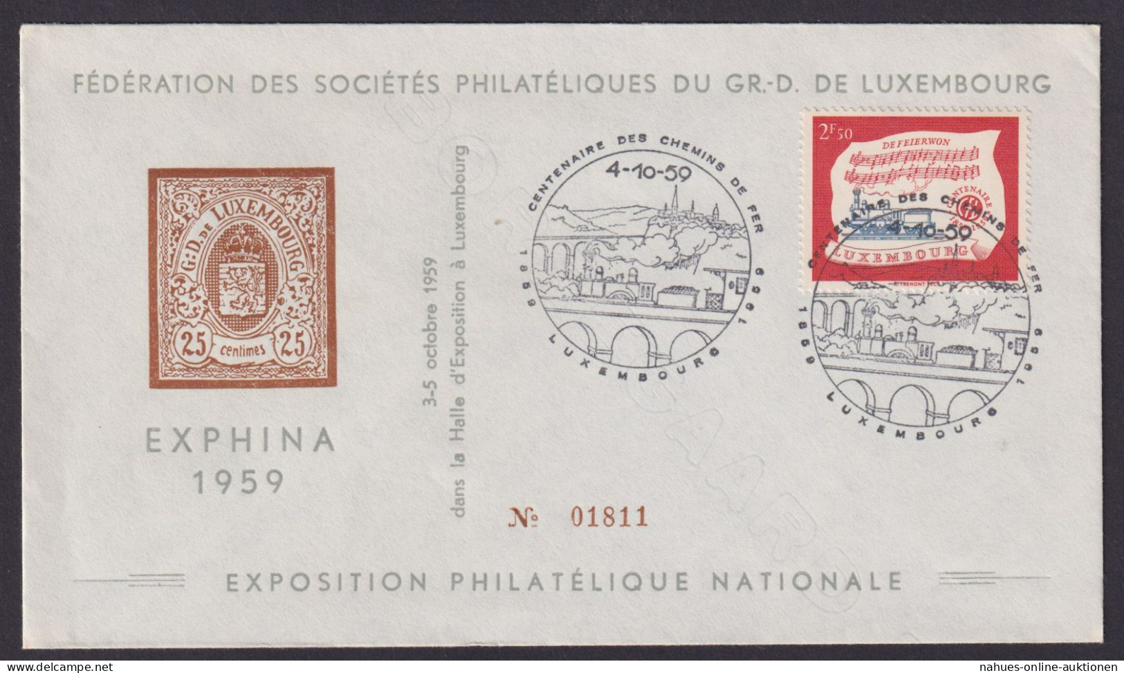 Luxemburg Brief 611 100 Jahre Eisenbahn Ausgabe 1959 Als FDC Luxus - Covers & Documents