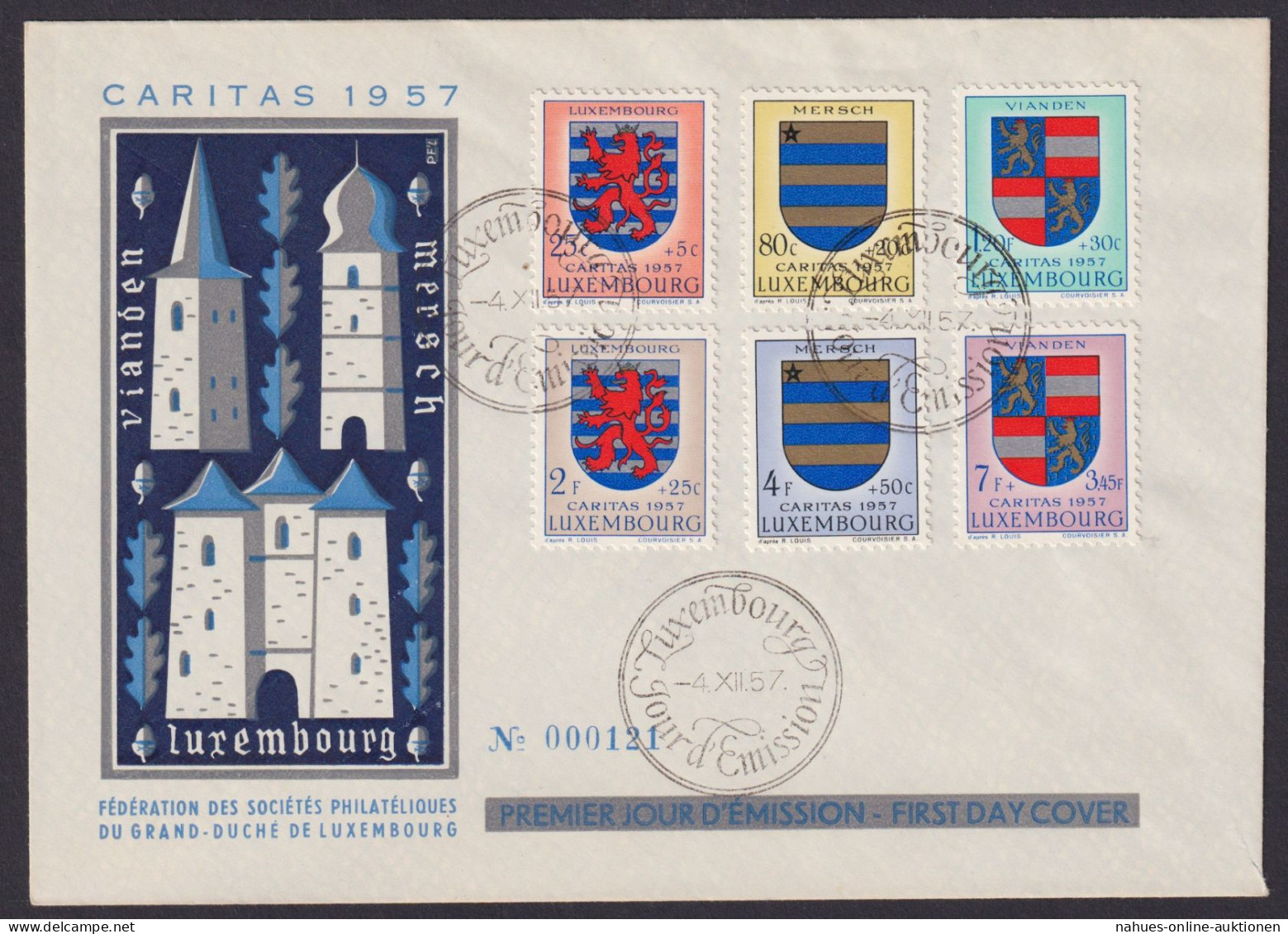 Luxemburg Brief 575-580 Cartitas Wappen Ausgabe 1957 Als Luxus FDC KatWert 20,00 - Lettres & Documents