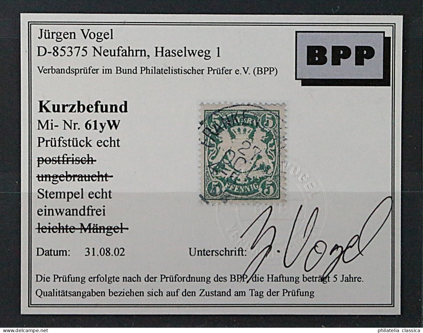 Bayern  61 Y W,  5 Pfg. Wasserzeichen 3 Statt 4, Fotobefund, SELTEN, KW 450,- € - Gebraucht