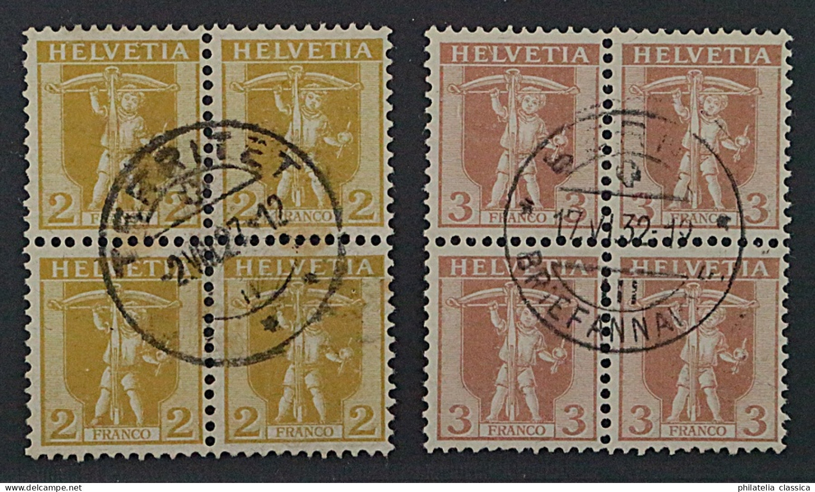 1907, SCHWEIZ 95-96 Tell Im Viererblock (SBK 101-02), Zentr. Stempel, 440,-SFr. - Gebraucht