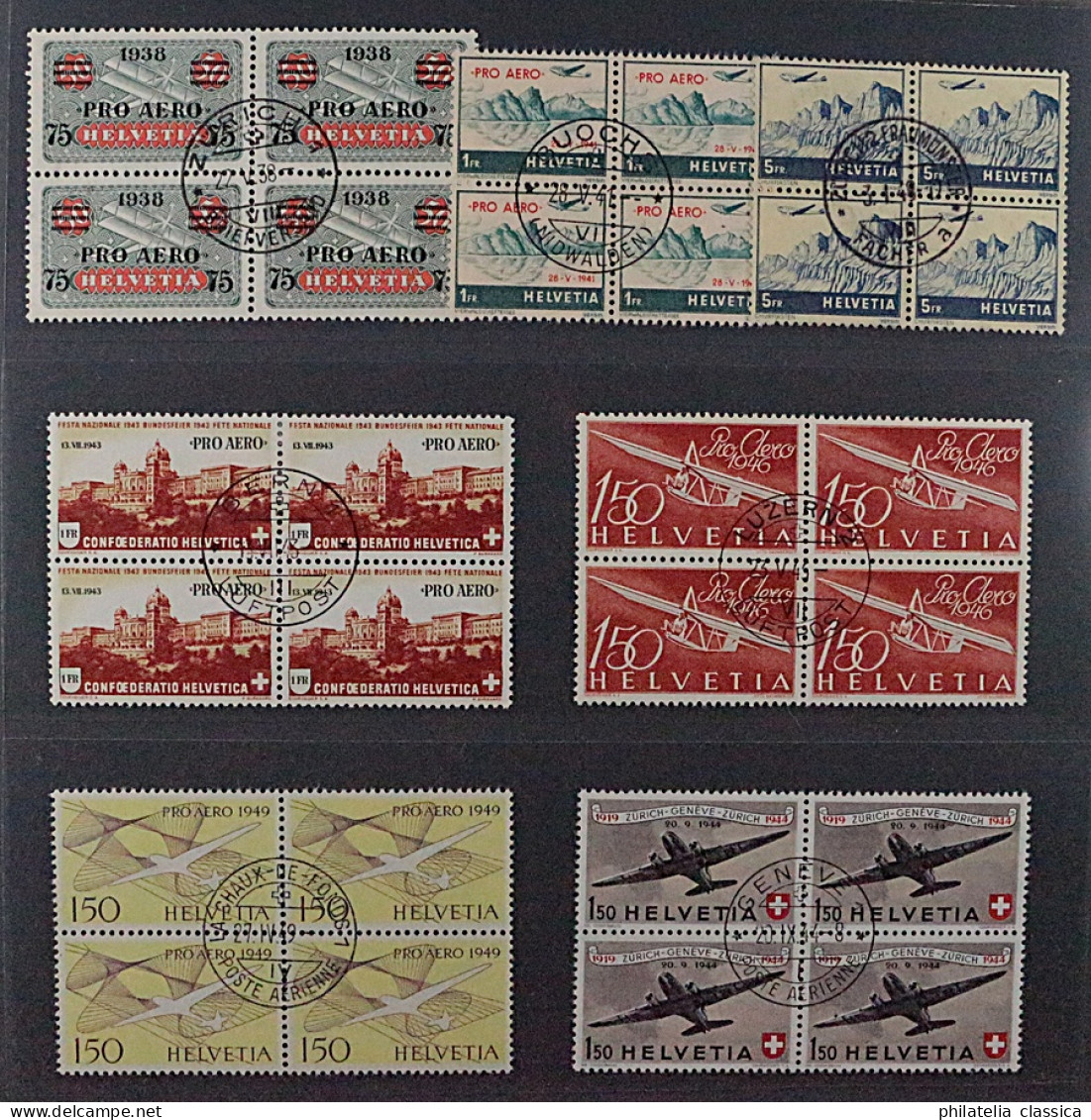 SCHWEIZ 1938/49 FLUGPOST, 7 Hochwertige Viererblocks Zentrum-Stempel, 1125,-€ - Used Stamps