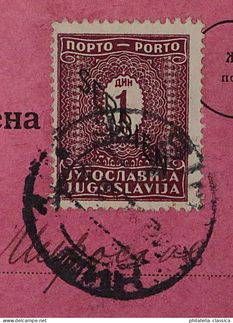 SERBIEN Porto 2 A, 1 D. Auf Roter Postkarte (Steuer-Mahnung!), SELTEN, KW 350,-€ - Besetzungen 1938-45