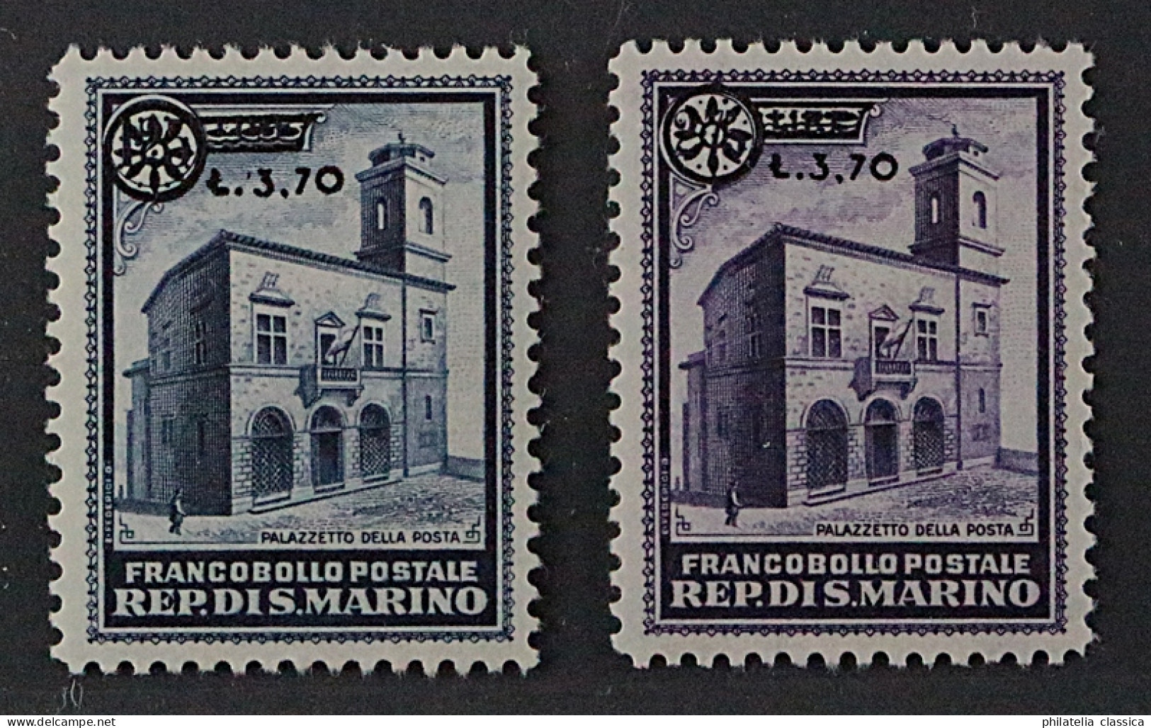 San Marino  206-07 *  1934, Freimarken Provisorien 3,70 L. Komplett, KW 350,- € - Ungebraucht