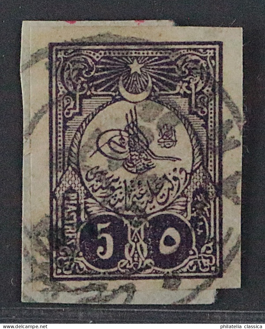 1908, Türkei 140 U, Tugra Großer Kreis 5 Pia. UNGEZÄHNT, Auf Briefstück, SELTEN - Used Stamps