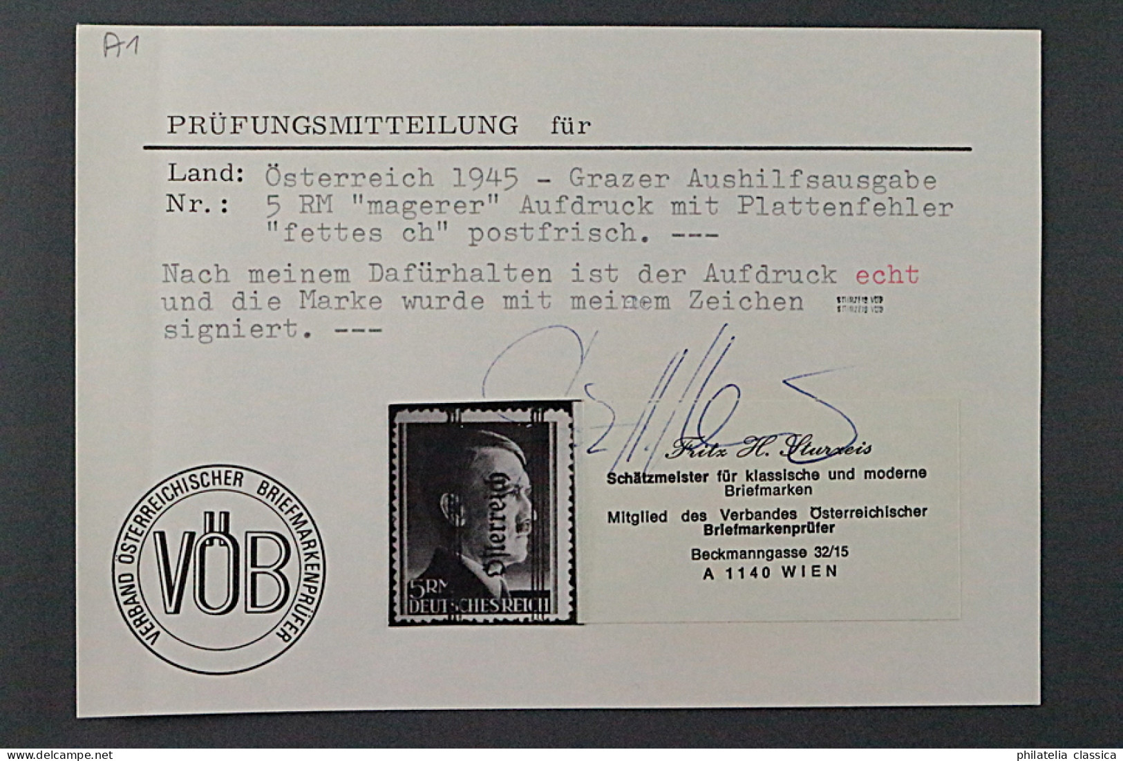 Österreich  696 II PF II **  Hitler 5 RM  PLATTENFEHLER, Fotobefund, KW 700,- € - Neufs