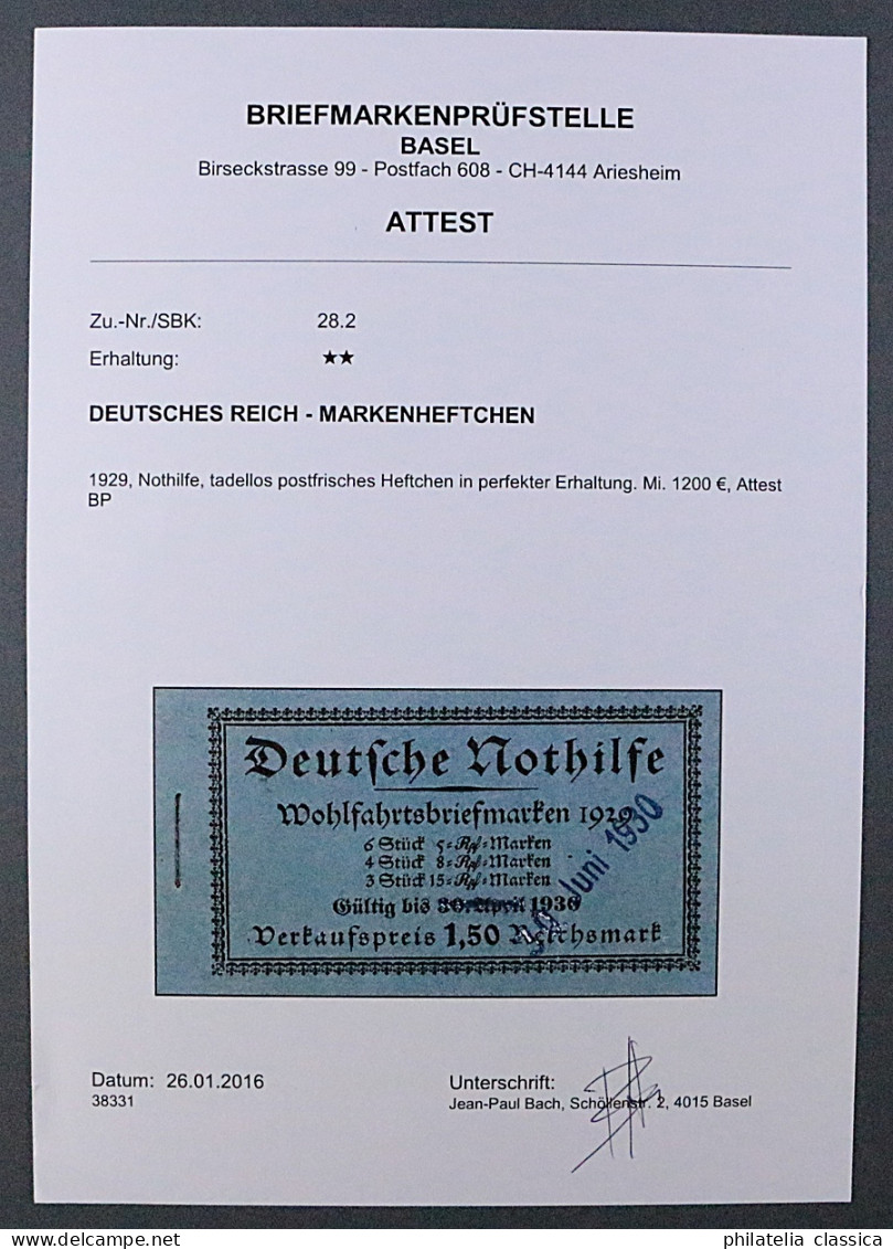 MARKENHEFTCHEN 28.2 ** Nothilfe 1929 Korrigiertes Datum, Postfrisch, KW 1100,- € - Booklets