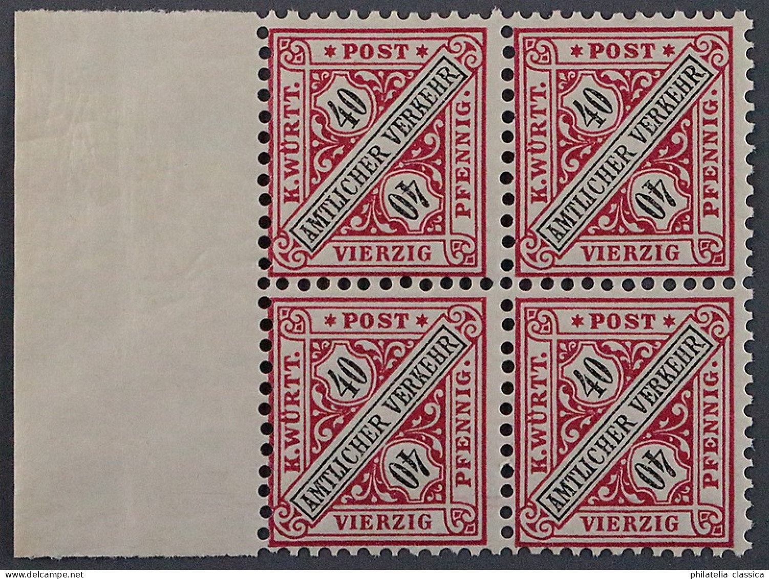 Württemberg  216 B ** FARBE, Unter UV Orangerot, VIERERBLOCK, Geprüft KW 320,- € - Mint