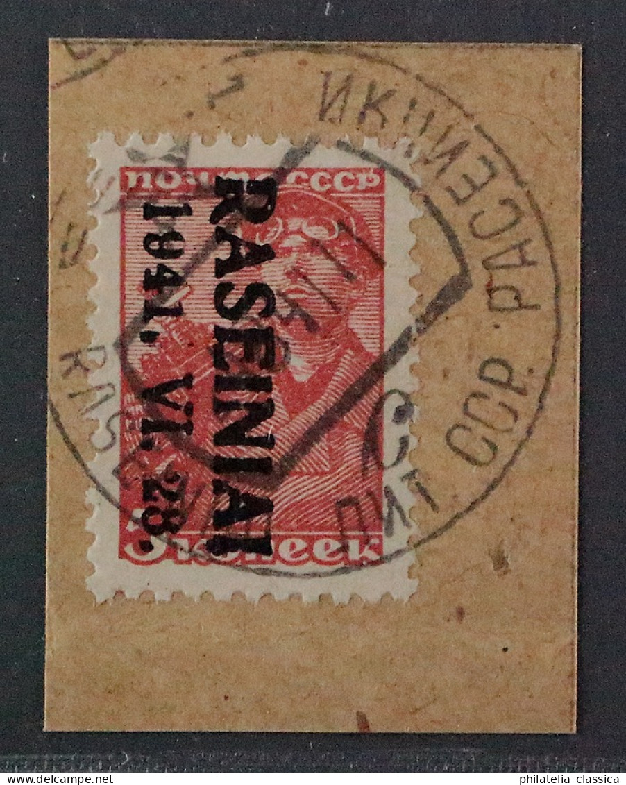 Raseiniai 1 III K, 5 K. KOPFSTEHENDER AUFDRUCK Auf Briefstück, Geprüft KW 600,-€ - Occupation 1938-45