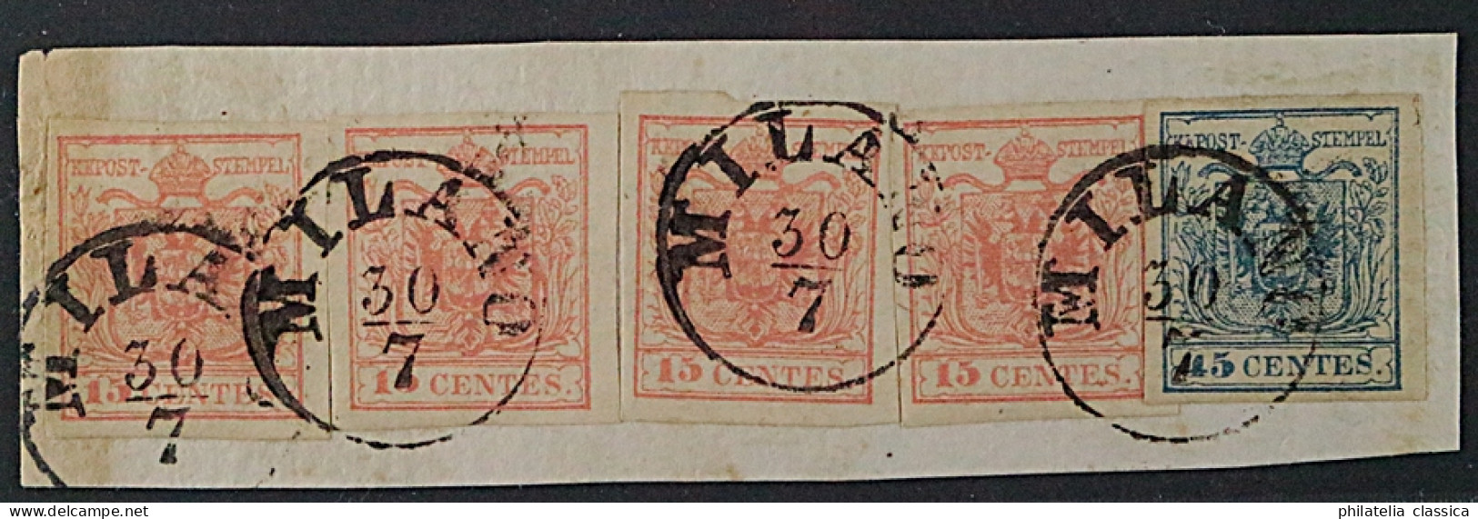 Lombardei  3 (4) + 5 Y Briefstück Mit 4 X 15 Cmi. Und 45 Cmi. Maschinenpapier - Lombardo-Vénétie