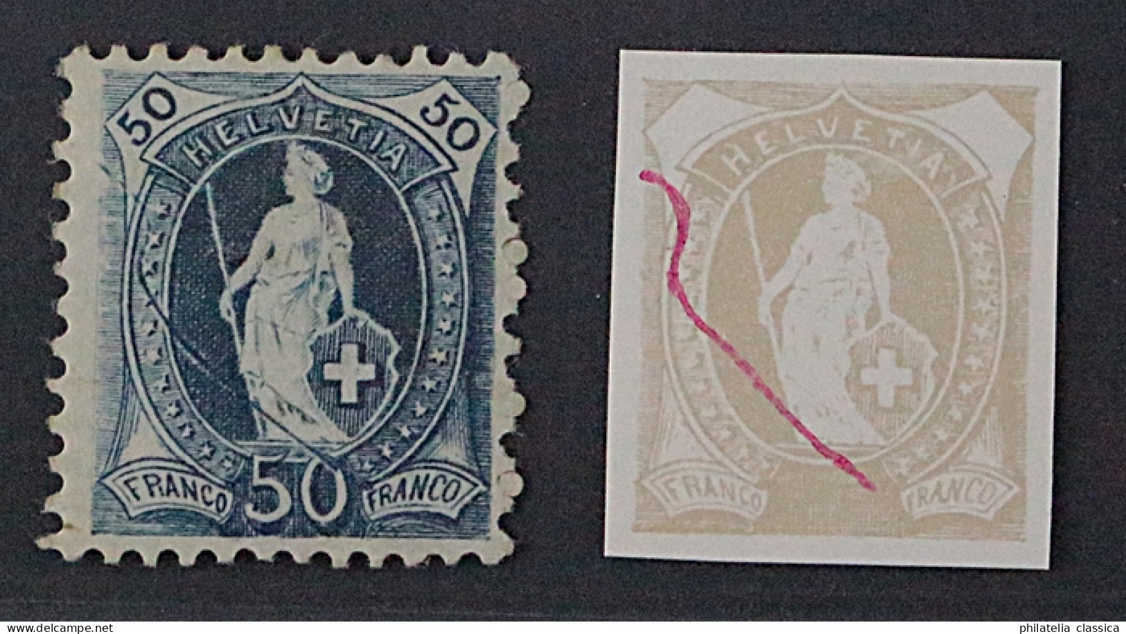 Schweiz  62 XC II, * 50 Rp WZ X, Zähnung C, PLATTENFEHLER, Fotoattest KW 940,- € - Unused Stamps