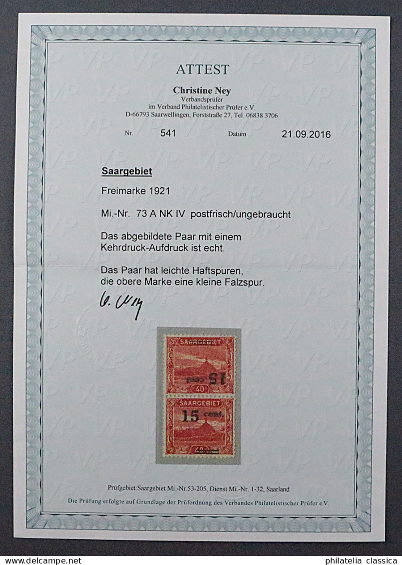 1921, SAAR 73 A NK IV * Aufdruck Normal/KOPFSTEHEND Im PAAR, Fotoattest 1000,-€ - Neufs