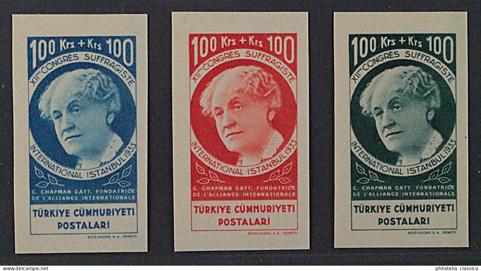 Türkei, 1935 Frauenkongreß 100 Kurus, 3 Ungezähnte Probedrucke, SEHR SELTEN - Neufs