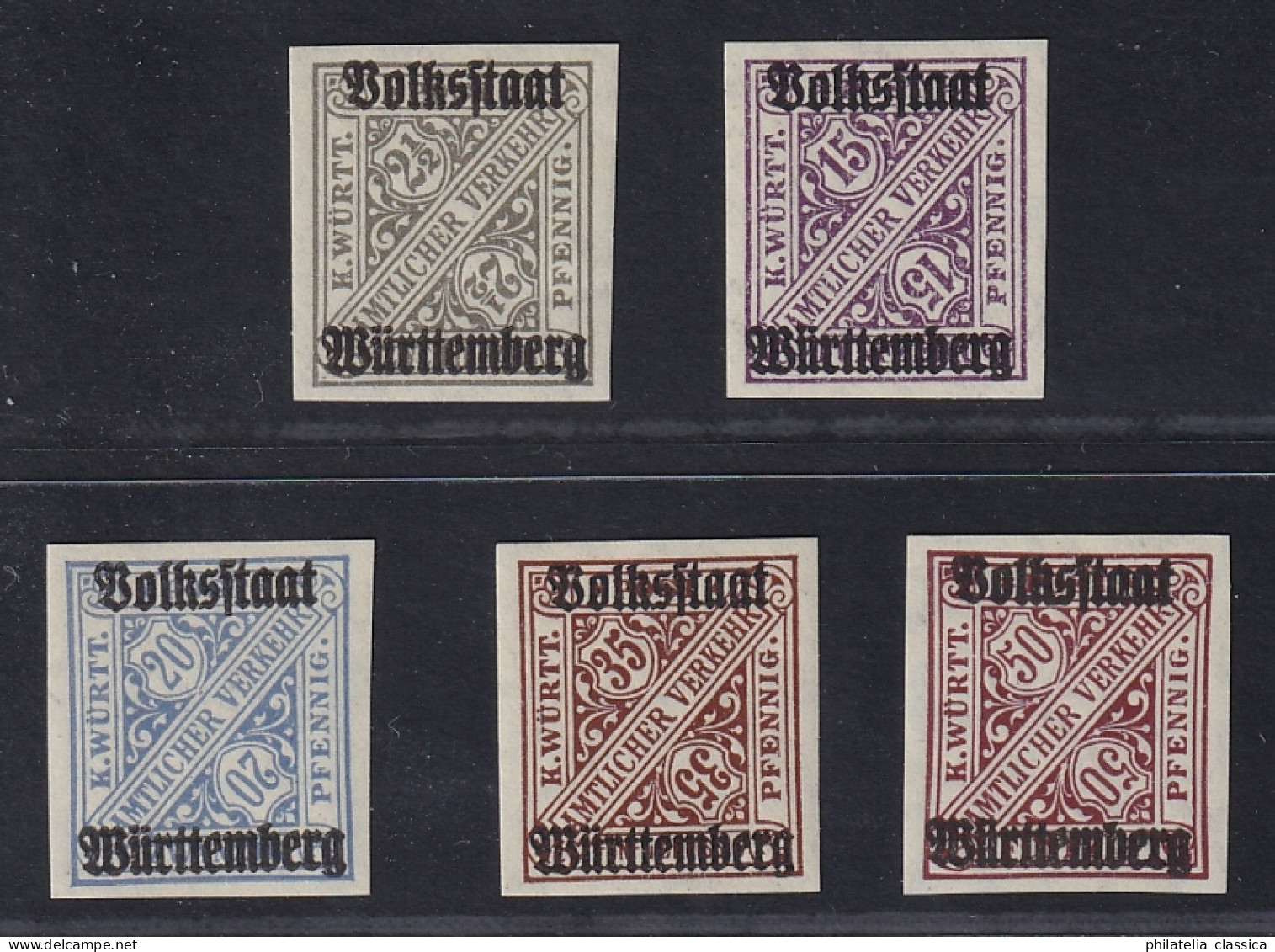 Württemberg  258-69 PU **  Volksstaat Ungezähnt, 5 Werte Komplett, KW 300,- € - Mint