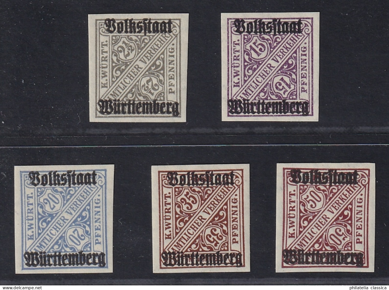 Württemberg  258-69 PU **  Volksstaat Ungezähnt, 5 Werte Komplett, KW 300,- € - Nuevos