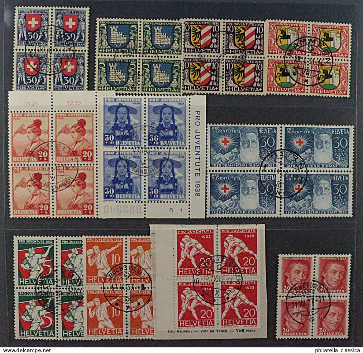 SCHWEIZ VIERERBLOCKS Juventute Ex 1927/38 (SBK J41-44) ZentrumStempel, 431,-SFr. - Used Stamps