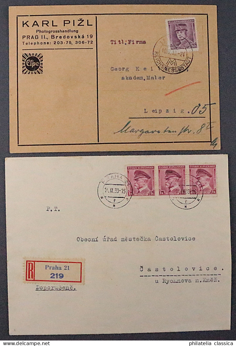 Böhmen & Mähren 1939, 2 MITLÄUFER Belege, Dabei Nachträgliche Entwertung LEIPZIG - Briefe U. Dokumente