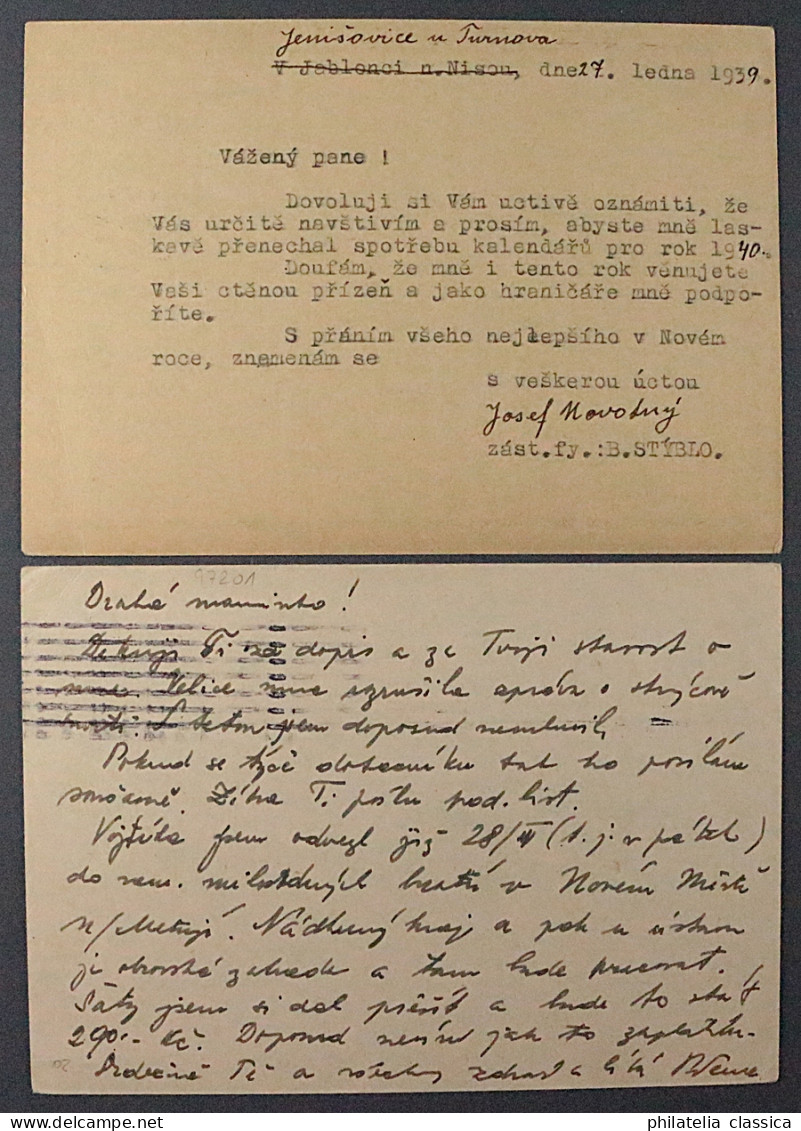 Böhmen & Mähren 1939,  2 CSSR Ganzsachen Als VORLÄUFER, Dabei Bahnpost TURNOV - Brieven En Documenten