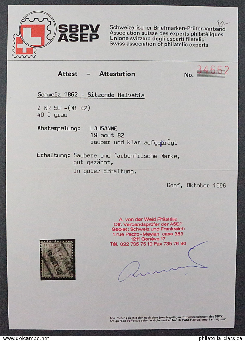 Schweiz  42,  Helvetia 40 Rp. FASERPAPIER, Gestempelt, Fotoattest, KW 4200,- € - Gebraucht