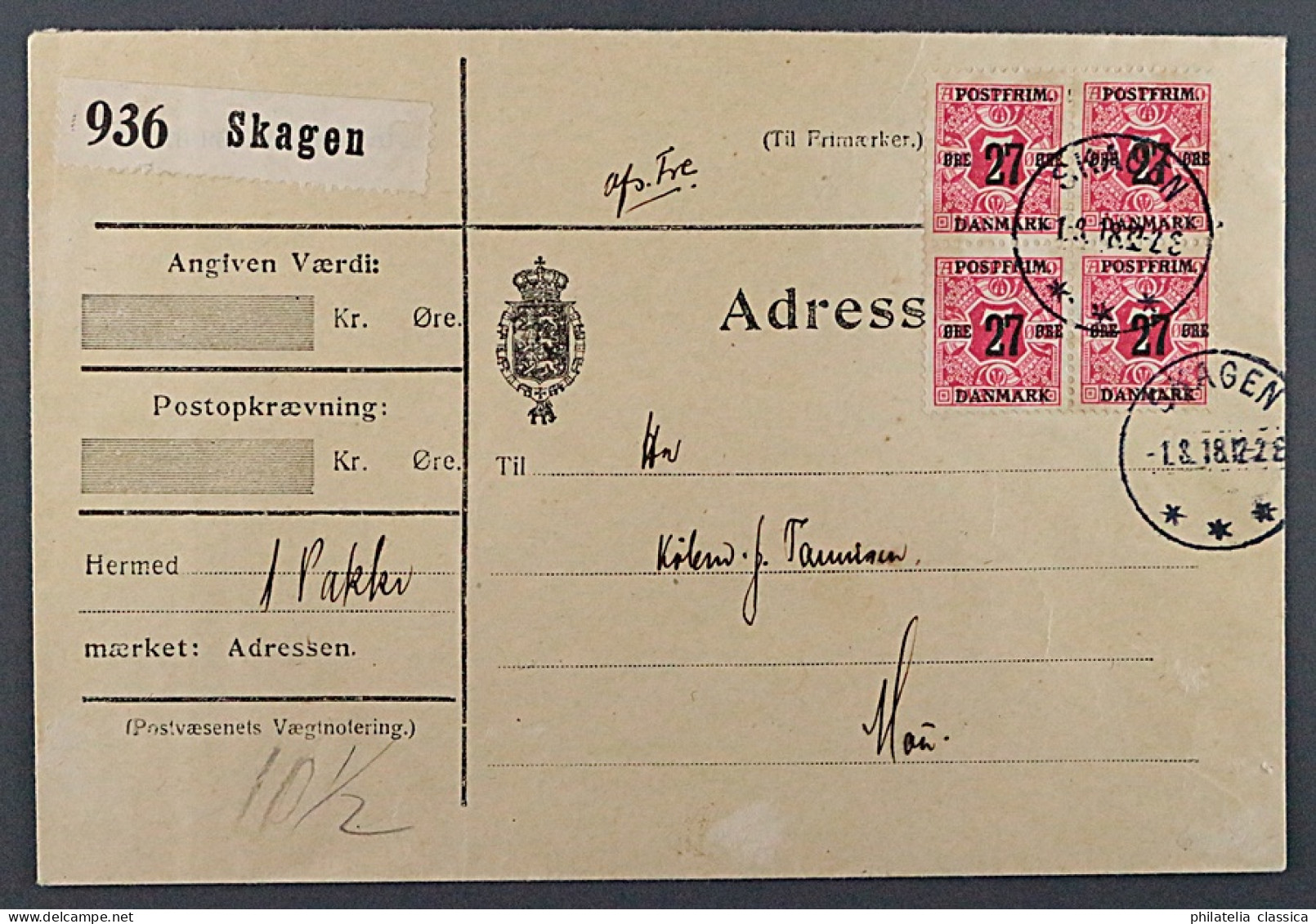 1918, DÄNEMARK 86 X VIERERBLOCK Auf Palet-Brief Wz. Krone, Fotoattest 1200,-€+++ - Lettres & Documents