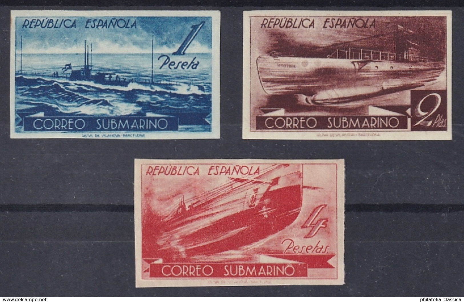 1938, SPANIEN   721-23 U ** U-Bootpost 1-4 Ptas. UNGEZÄHNT, Selten, Postfrisch, - Neufs
