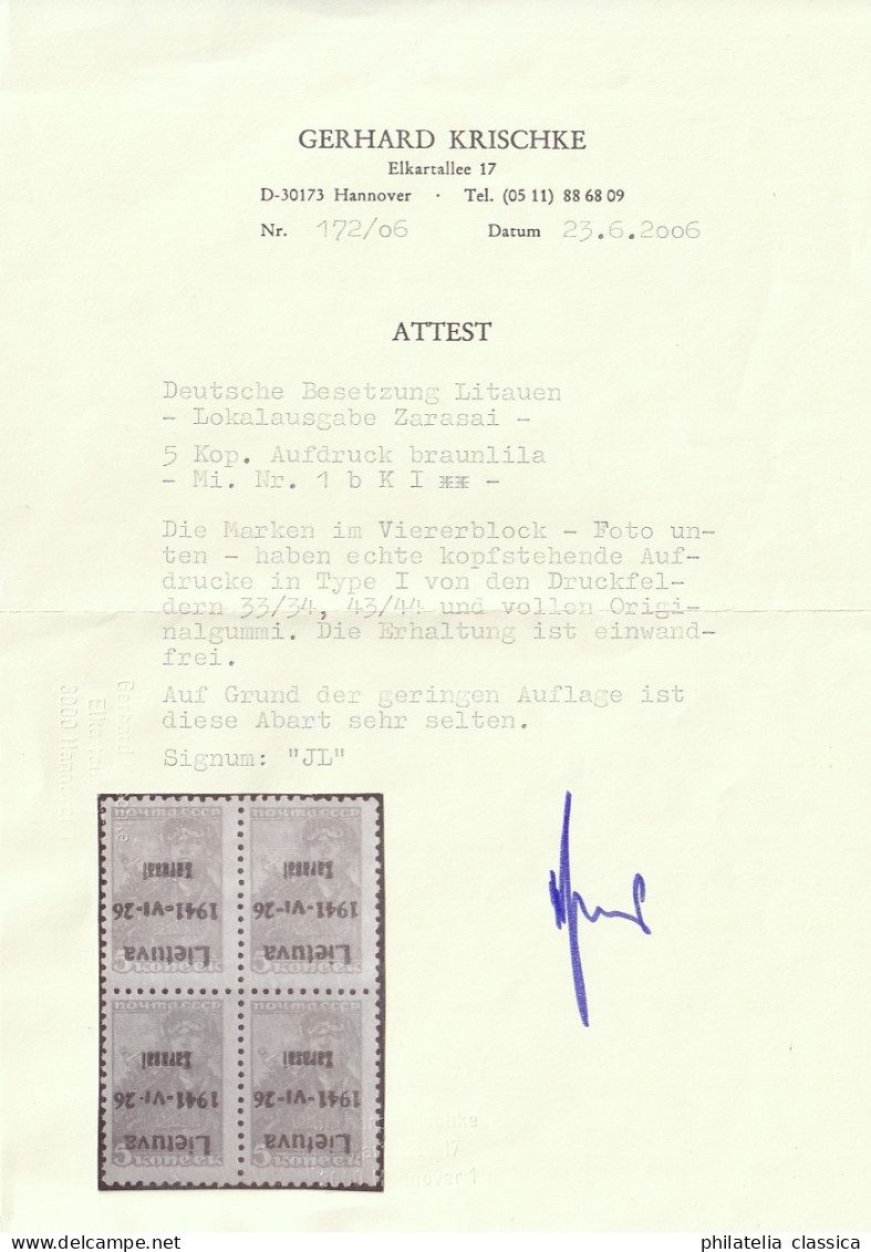 ZARASAI 1 B K, 5 Kop AUFDRUCK Braunlila KOPFSTEHEND, Postfrisch Geprüft 1500,- € - Occupation 1938-45