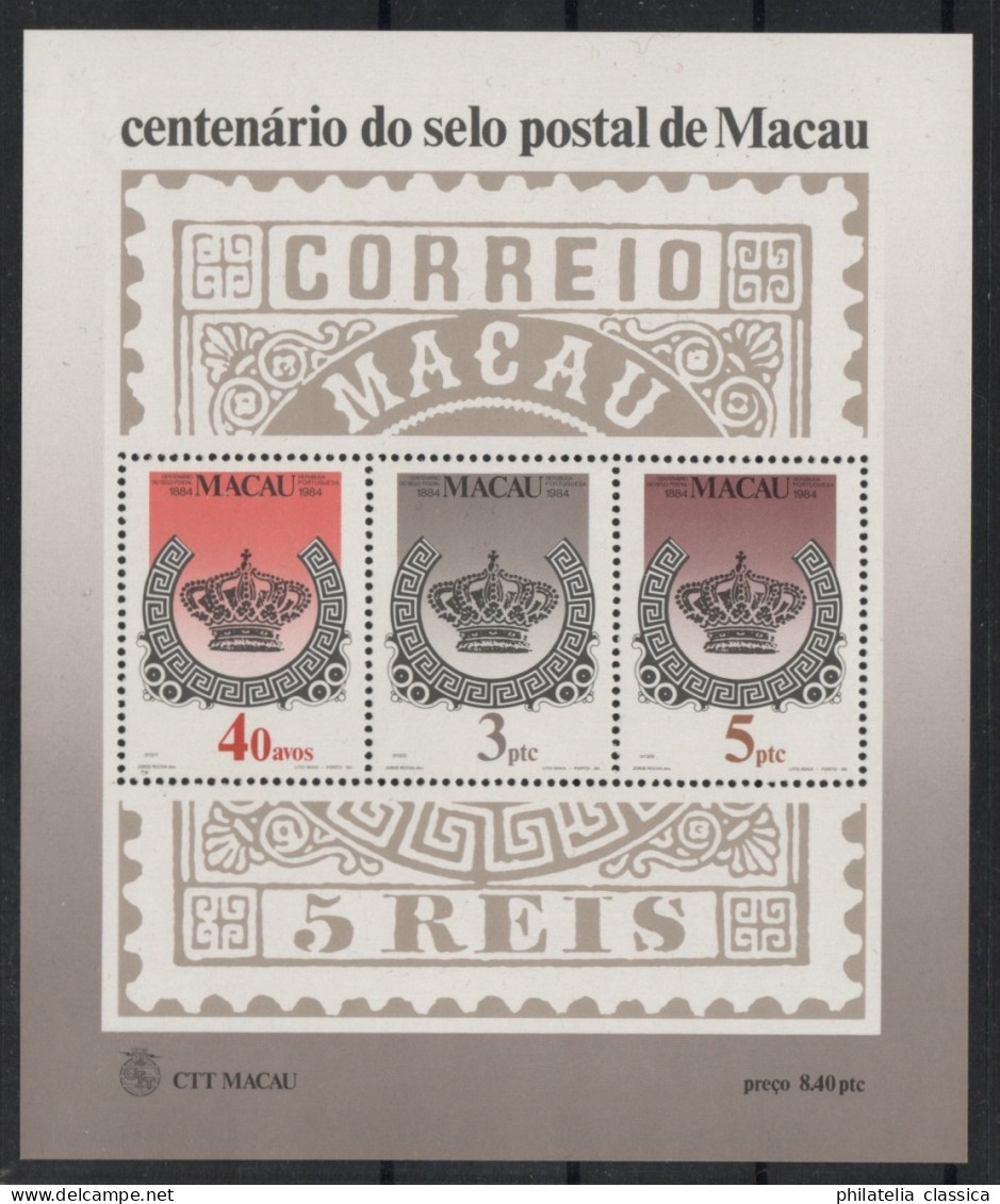 1984 MACAU / MACAO  Bl. 2 ** Block 100 Jahre Briefmarken, Postfrisch, 70,-€ - Neufs