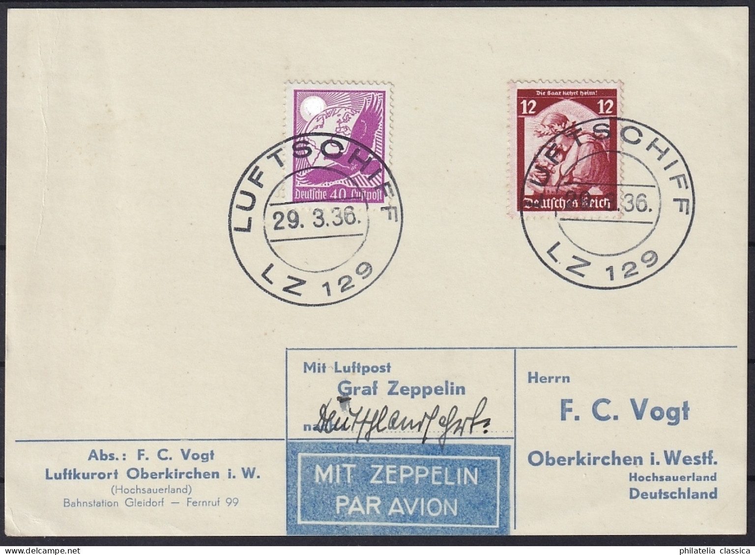 1936 ZEPPELINPOST Si. 344, Bordpostkarte Der Deutschlandfahrt 23.03.1936, 100,-€ - Poste Aérienne & Zeppelin