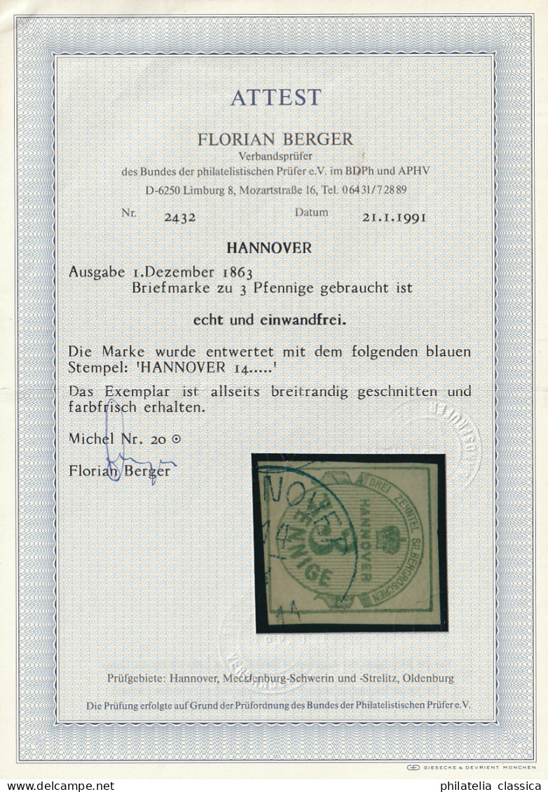 HANNOVER 20, 1863, 3 Pfg. Grün, Sauber Gestempelt, Fotoattest BPP, KW 1200,- € - Hanovre