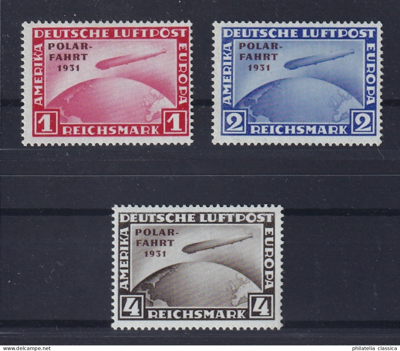 1931, Deutsches Reich 456-58 Polarfahrt 1-4 RM Komplett, Originalgummi, 900,-€ - Ungebraucht