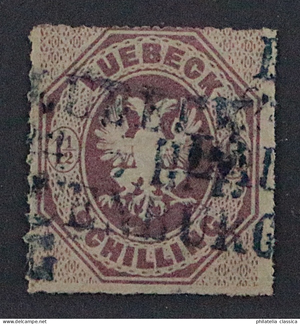 1865, LÜBECK 14, Wappen 1 1/2 Sch. Purpur, BAHNPOST DREIZEiLER STEMPEL, 110,-€++ - Lubeck