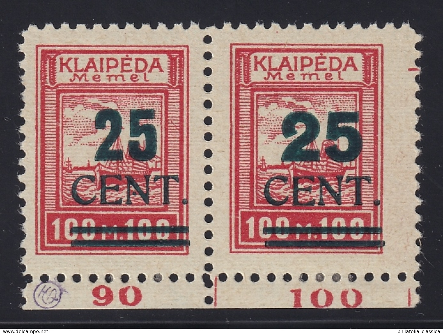 MEMELGEBIET 235 W1 (Typenpaar I+II) Grün-Aufdruck 25 C. Originalgummi, 2000,-€ - Memel (Klaipeda) 1923