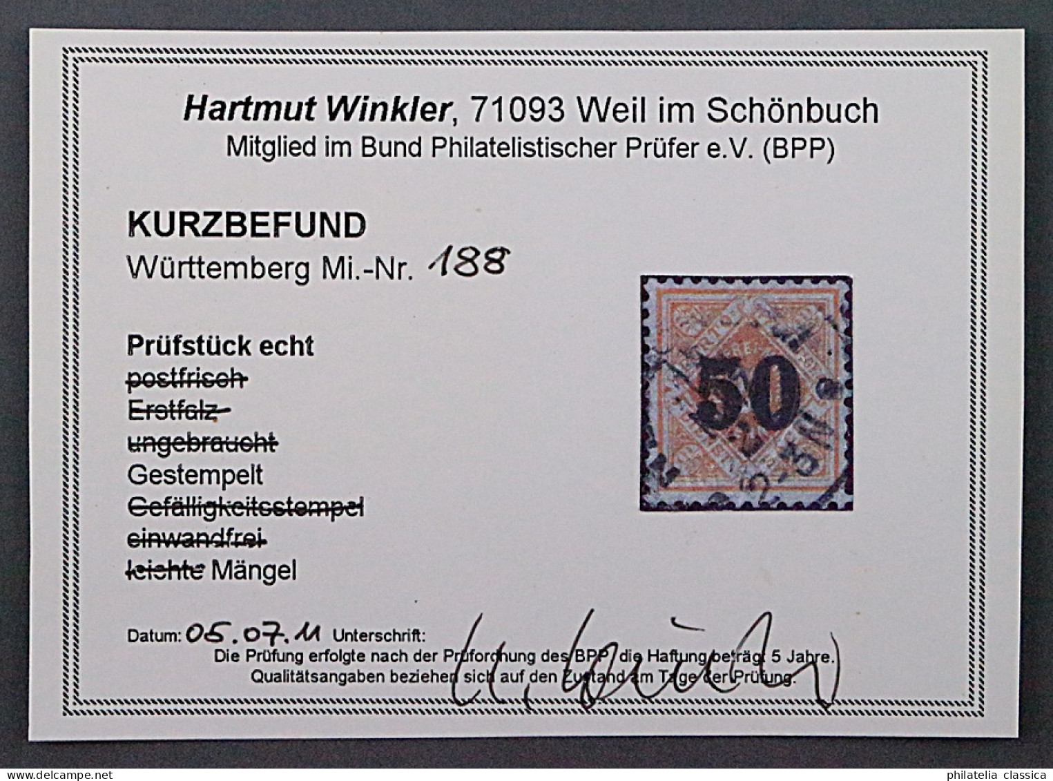 1923, WÜRTTEMBERG 188, 50 Rentenpfennig, Sauber Gestempelt, Geprüft 950,-€ - Oblitérés