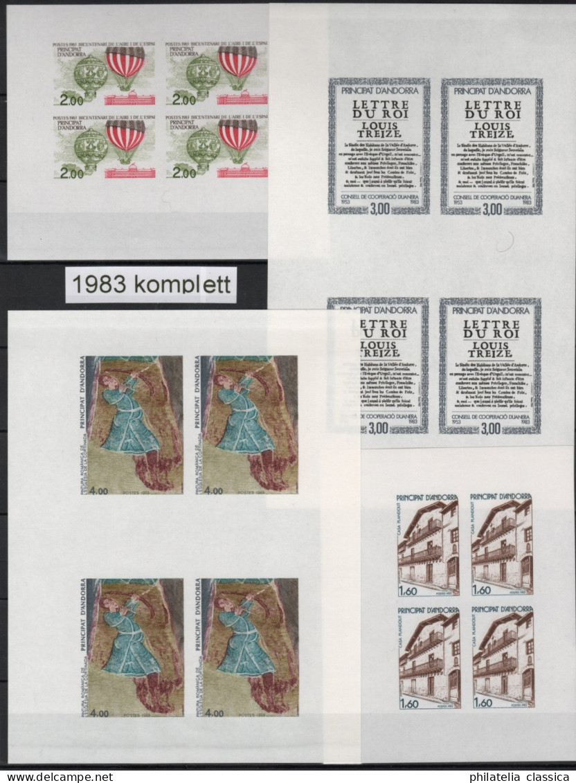 ANDORRA Französisch 331-347 U ** Jahrgang Kpl In Vierer-Bogen, UNGEZÄHNT, Selten - Unused Stamps