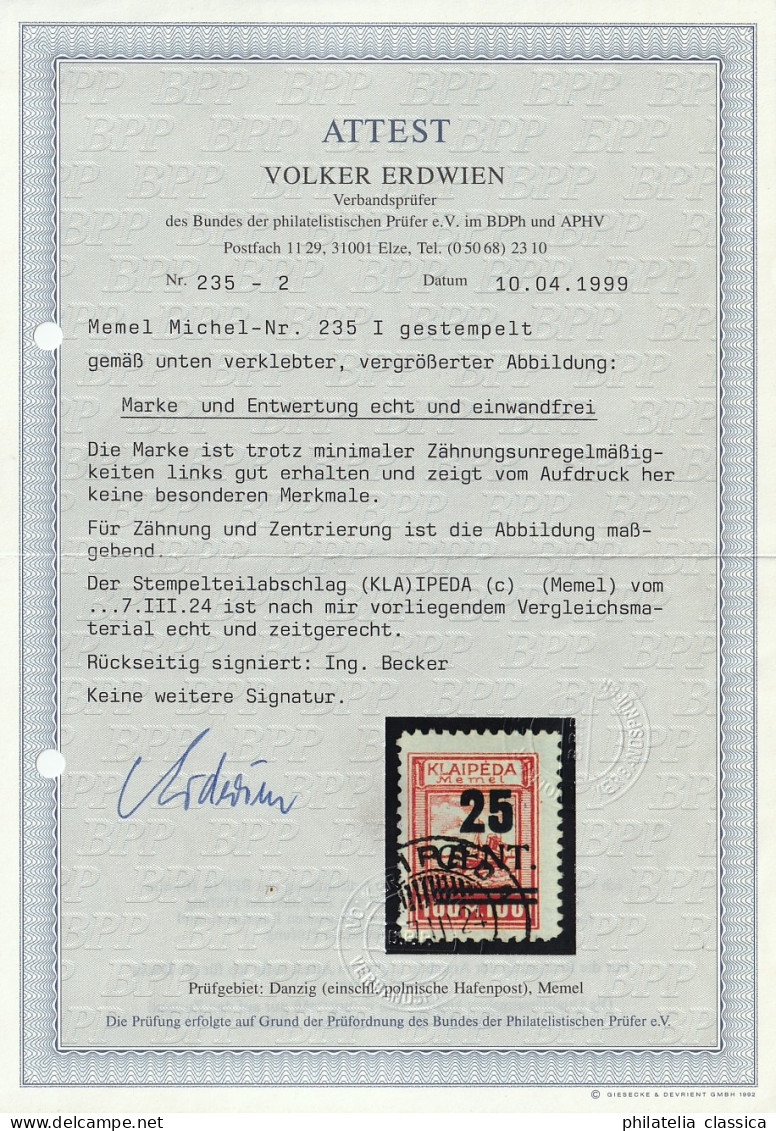 1923, MEMEL 235 I, Grüner Aufdruck 25 C., Sauber Gestempelt, Fotoattest 1500,-€ - Klaipeda 1923