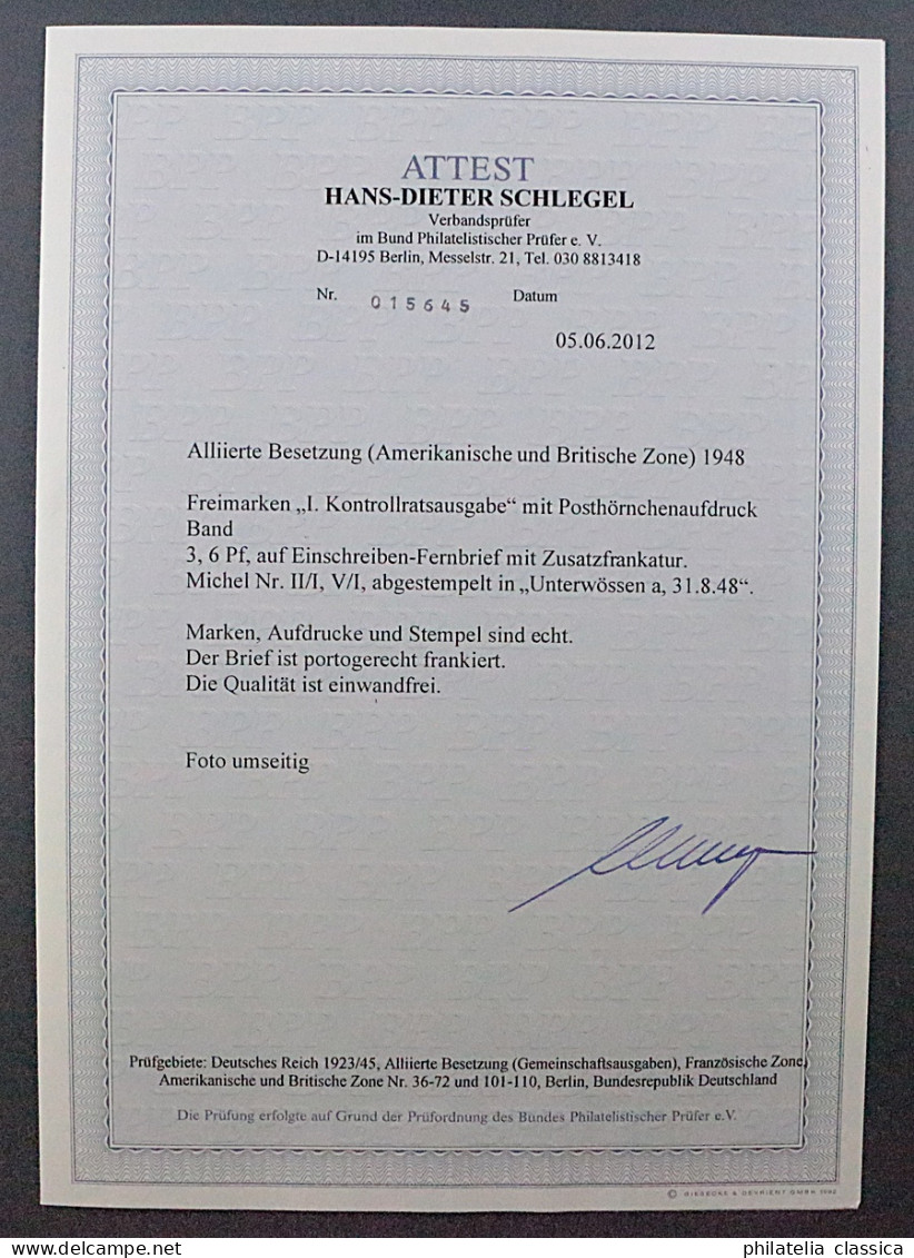 BIZONE II+V/I, Ziffer 3+6 Pfg Halbamtliche Ausgabe, R-Brief, Fotoattest 670,-€ - Covers & Documents