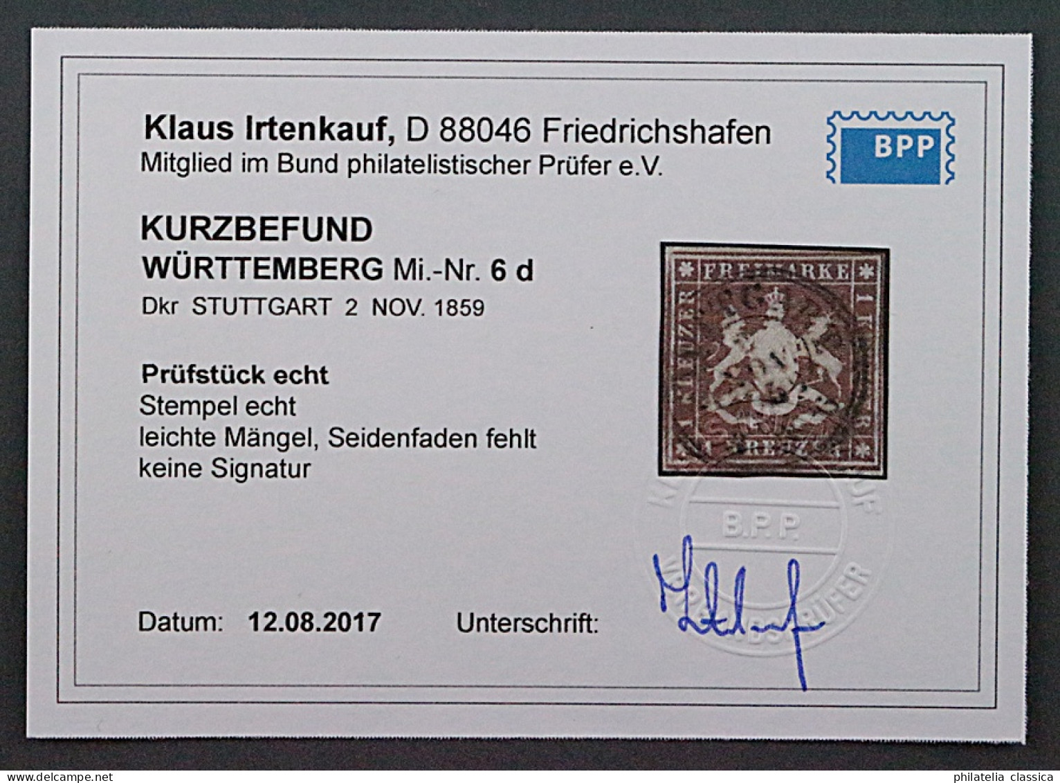 1857, WÜRTTEMBERG 6 D, 1 Kr. Tiefdunkelbraun, Sauber Gestempelt, Geprüft 800,-€ - Afgestempeld
